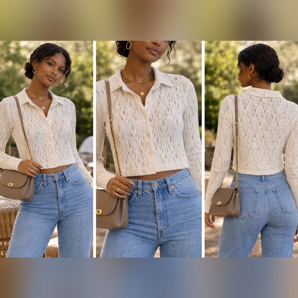 RIHOAS White Lace Knit Cropped Cardigan XS Button Front Textured Top